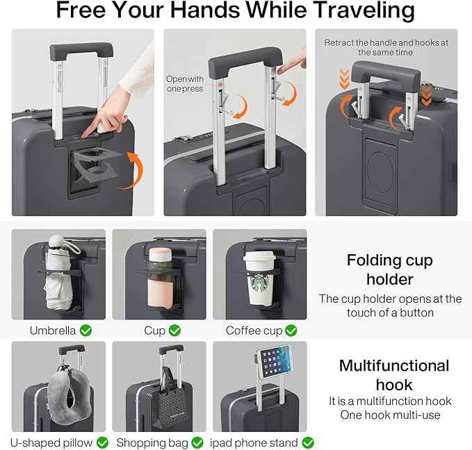 mixi 2-Piece Luggage Sets with Cup Phone Holder and Charger Hard Shell Suitcases with Spinner Wheels, 20+26 Rock Gray