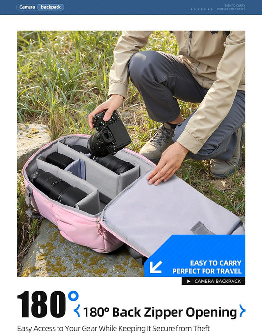 llano Compact Camera Backpack for DSLR/SLR/Mirrorless,Photography Bag with Laptop Slot (for 14" MacBook) & Tripod Holder, Ideal for Travel & Outdoor (for Canon, Nikon, Sony), Small, Pink,10L Capacity