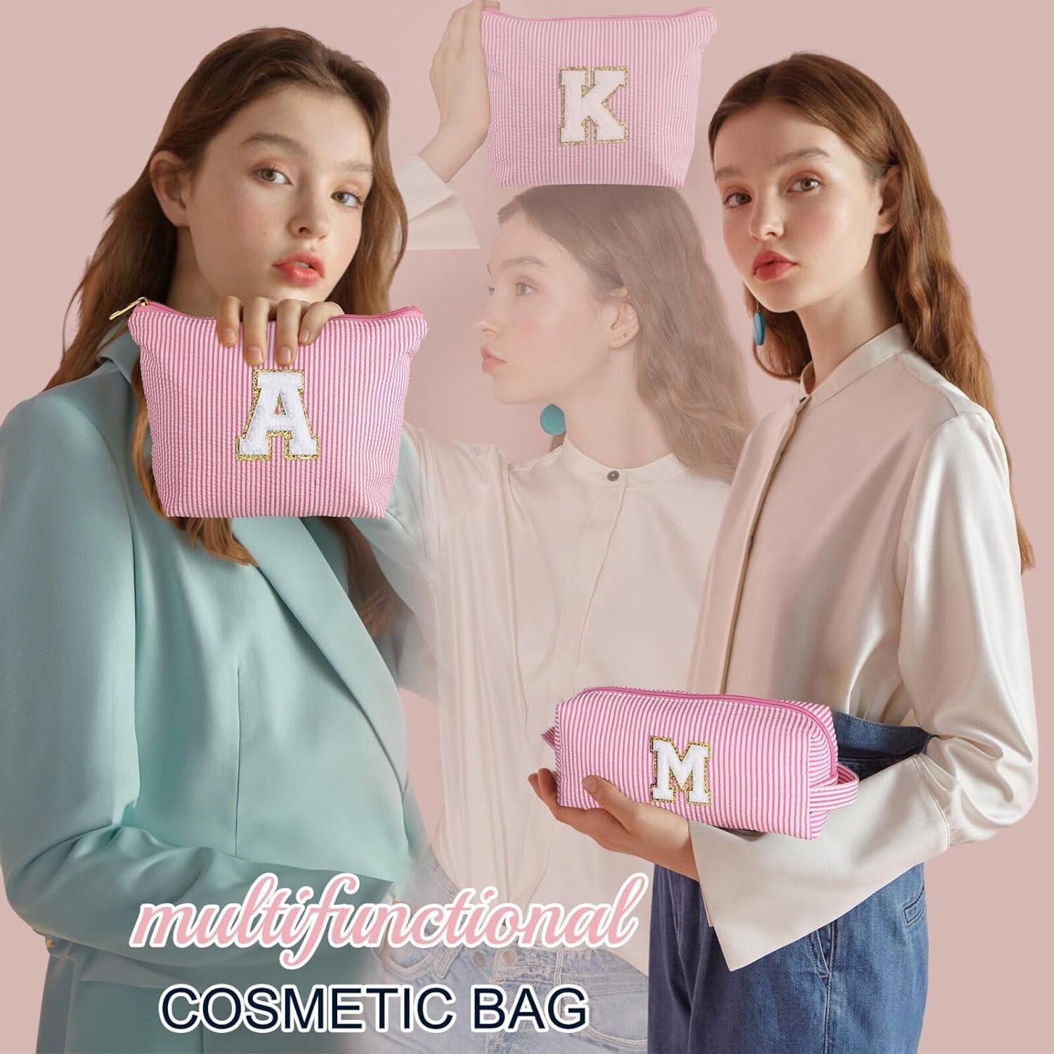 YOOLIFE Travel Makeup Bag Cosmetic Bag - Make Up Bag with Makeup Brush Bag Monogram Makeup Pouch Bag 2 Pieces Cute Makeup Bag Personalized Gifts Best Friend Birthday Gifts for Women Pink Letter Y - Roamly