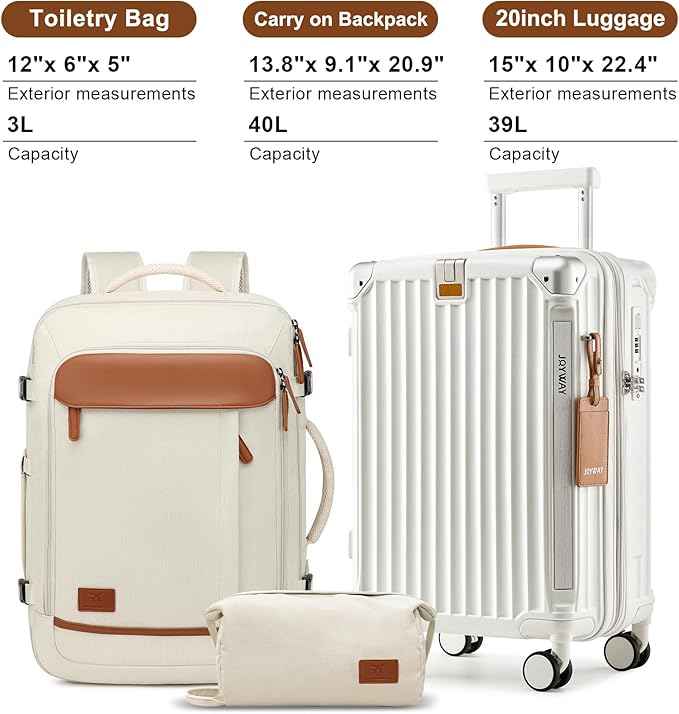 Joyway 20in Carry On Luggage with Cup Holder and USB Port, 25% Expandable Capacity, Smart Suitcase with Anti Slip Wheels and Backpack, Perfect for Men and Women 3 Piece Set White