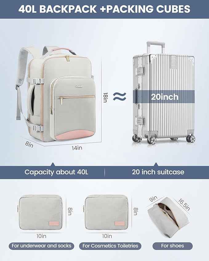 LOVEVOOK Travel Backpack for Women & Men 40L,Airline Approved Carry On Backpack Travel Essentials,TSA Carry on Luggage,Waterproof Personal Item Travel Bag,Suitcase with 3 Packing Cubes,Light gray-Pink