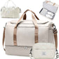 Extra Large Travel Duffle Bag,Carry on Overnight Bag with Shoes Compartment,Weekender Bags for Women for Travel Business Trips Sport Hospital,3 Pcs Set,Beige & Brown