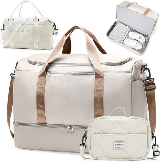 Extra Large Travel Duffle Bag,Carry on Overnight Bag with Shoes Compartment,Weekender Bags for Women for Travel Business Trips Sport Hospital,3 Pcs Set,Beige & Brown