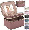 Large Makeup Bag with Mirror Double Layer Travel Make Up Organizer Case, Large Capacity Coemetic Bag with Brush Slot Divider