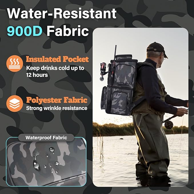 Fishing Tackle Backpack with Cooler Bag, 53L Waterproof Fishing Bag with 2 Rod Holders, Large Fishing Backpacks with Bottle Holder & Coolers, Tackle Storage, Heavy Duty Outdoor Cooler Backpack for Men
