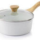 SENSARTE White Ceramic Nonstick Saucepan with Double Spout 3.0 Quarts, Cooking Pot with Stay Cool Handle, Induction Compatible Saucepot, White Granite Coating, Free of Intentionally Added PFOA/PFAS