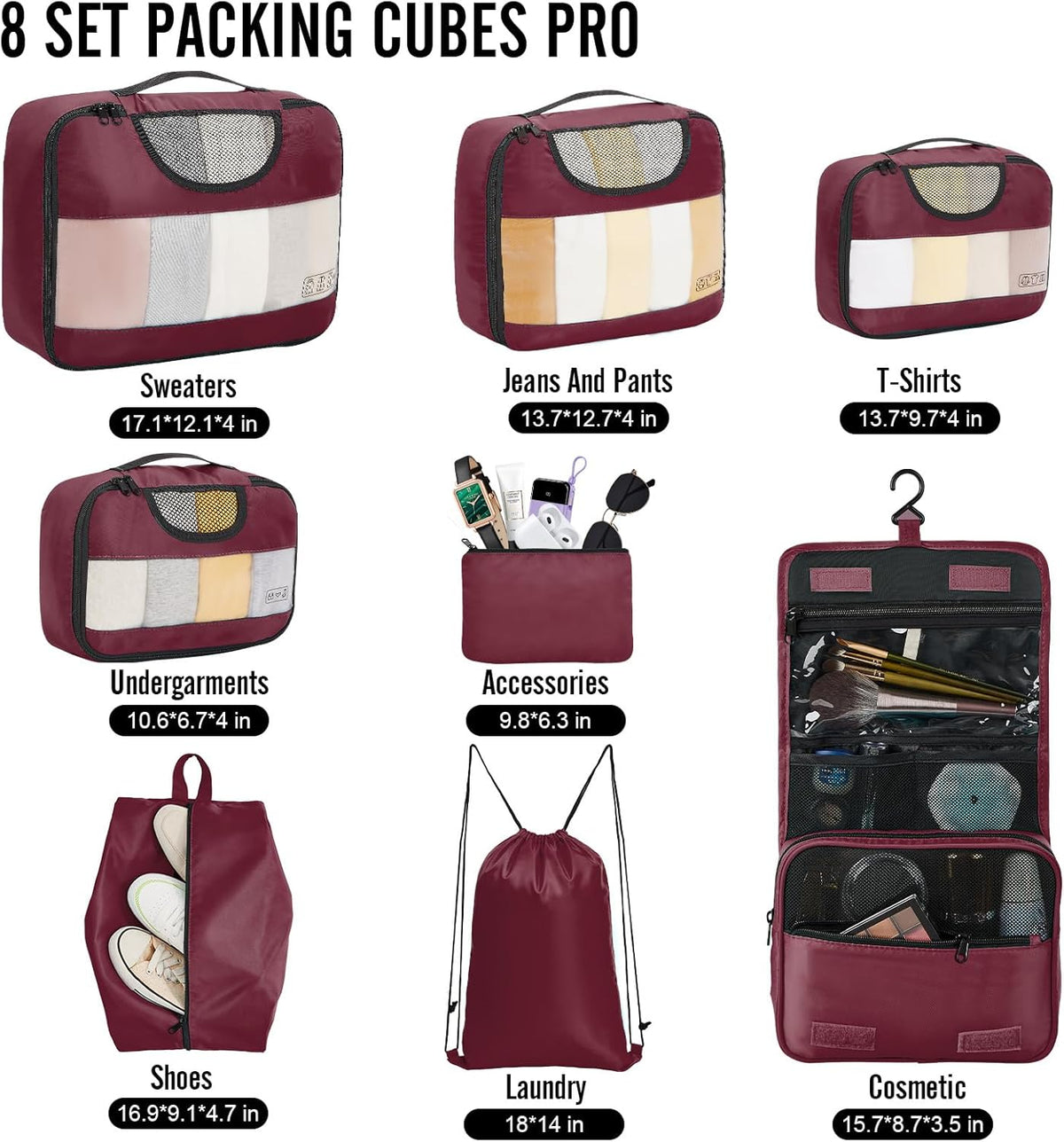Veken 8 Set Packing Cubes for Travel Essentials, Suitcase Organizer Bags in 4 Sizes, Carry-On Luggage Accessories with Large Laundry & Hanging Toiletry Bag, Must-Have for Airplane, Road Trip & Camping - Roamly