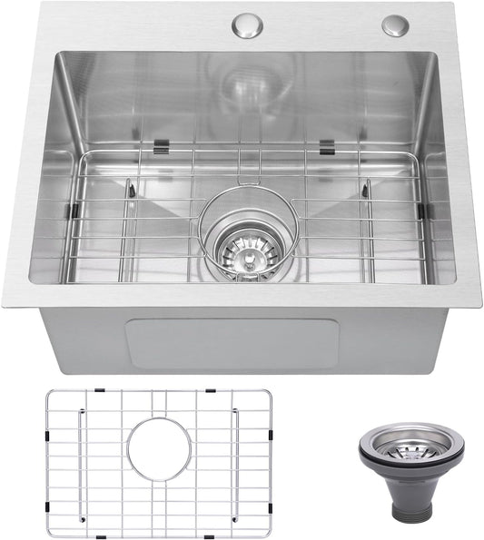 Drop In Kitchen Sink 25x22", 9" Basin Depth, 18 Gauge Stainless Steel Sink, 3D Embossed Surface Finish Top Mount with Accessories