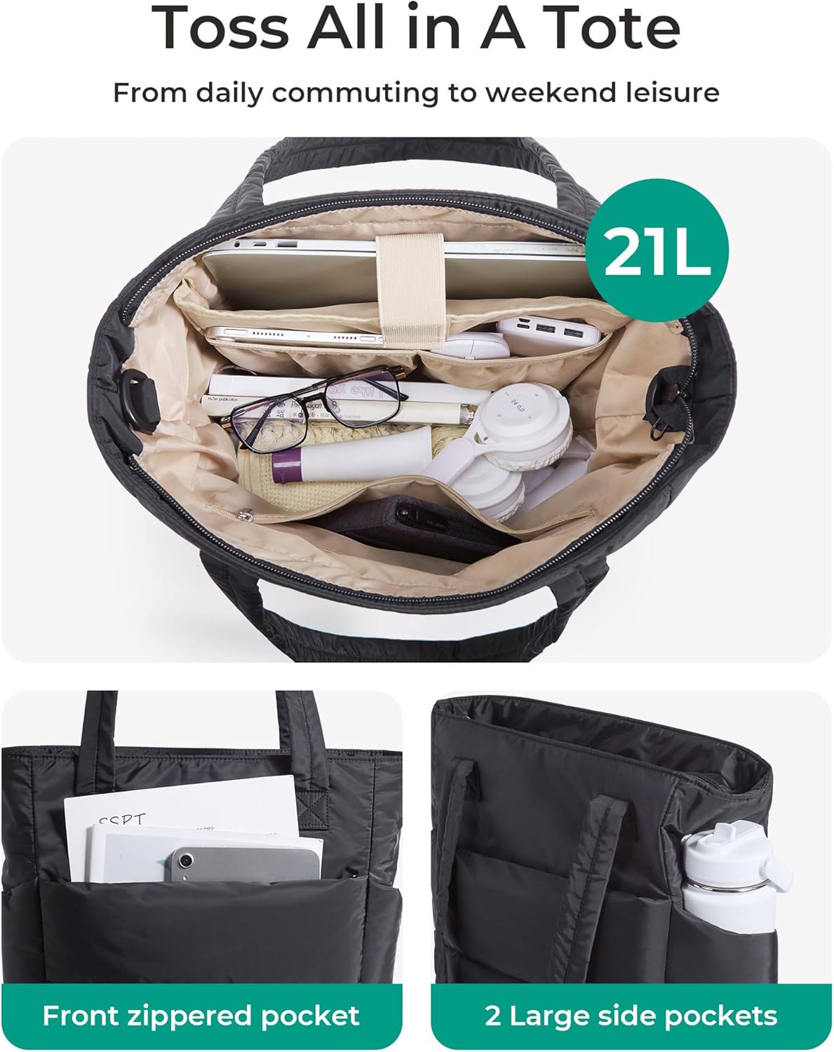 BAGSMART Tote Bag for Women, Lightweight Puffy Tote Bag with Compartments Shoulder Bag Handbag for Travel, Work, Gym,