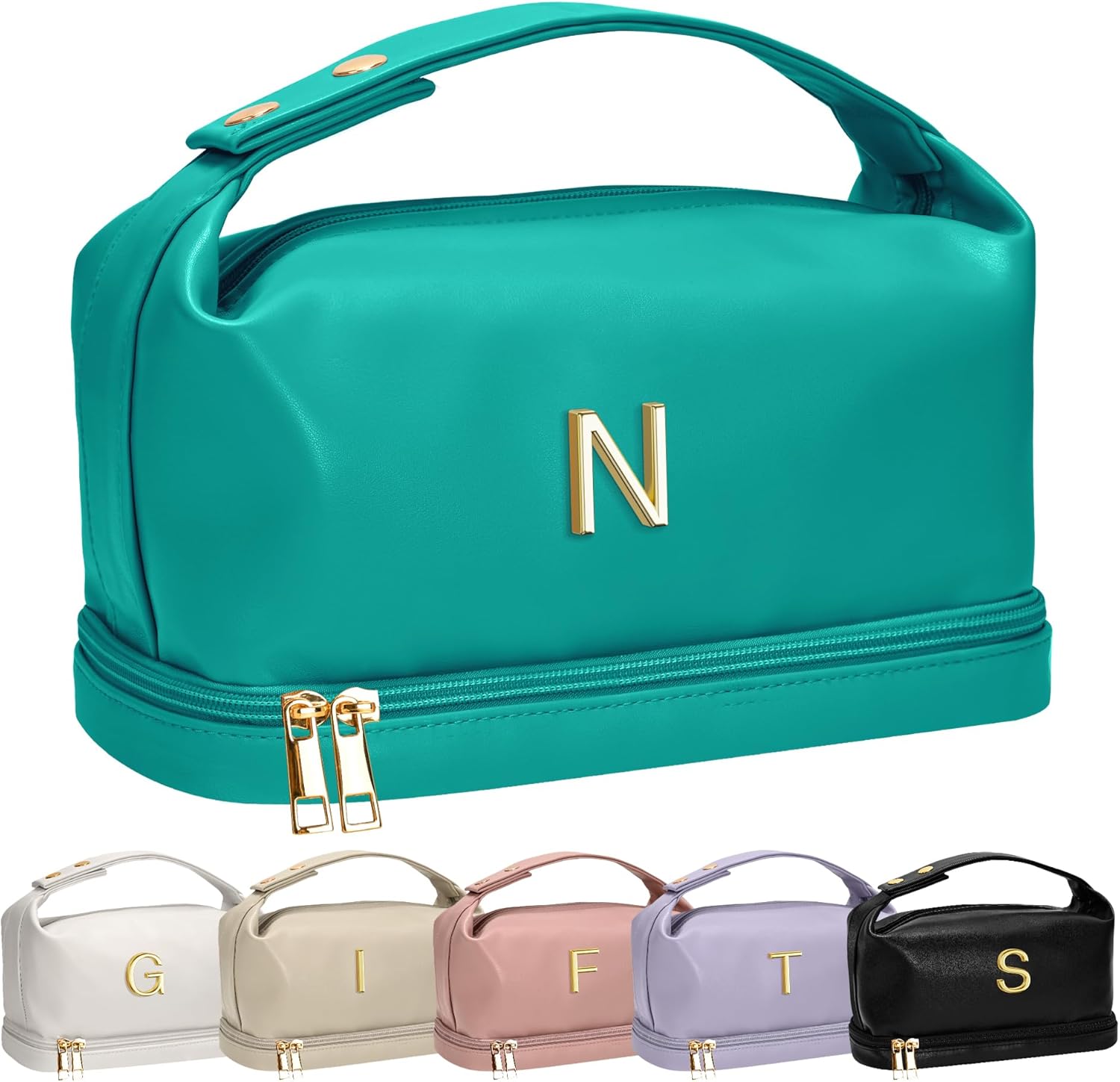 Young Women Gift Ideas, Personalized Makeup Bag with Handle, Initial Double Layer Cosmetic Bag with Makeup Brush Organizer, Cute Cosmetic Pouch for Women, Gifts for Friend Female Mom - Roamly
