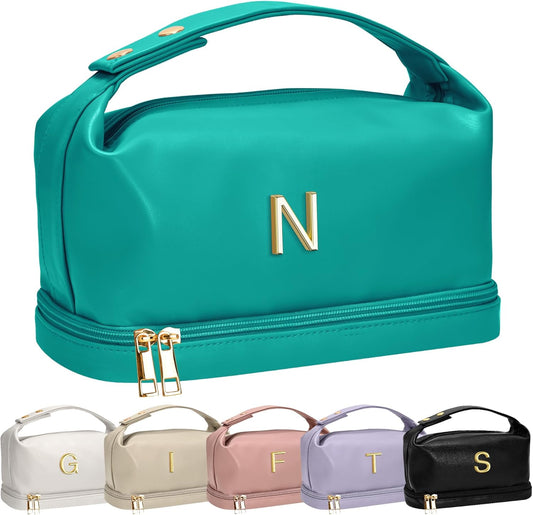 Young Women Gift Ideas, Personalized Makeup Bag with Handle, Initial Double Layer Cosmetic Bag with Makeup Brush Organizer, Cute Cosmetic Pouch for Women, Gifts for Friend Female Mom - Roamly