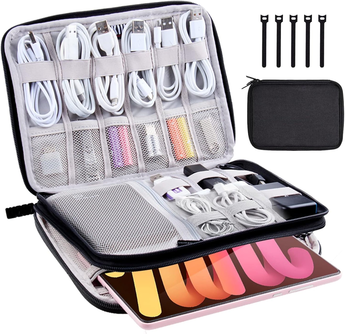 Electronics Organizer Travel Case Cord Cable Charger Organizer Bag Travel Accessories Essentials for Women Men Double Layers Tech Pouch with 5 Cable Ties for Phone Power Bank SD Card USB, Black
