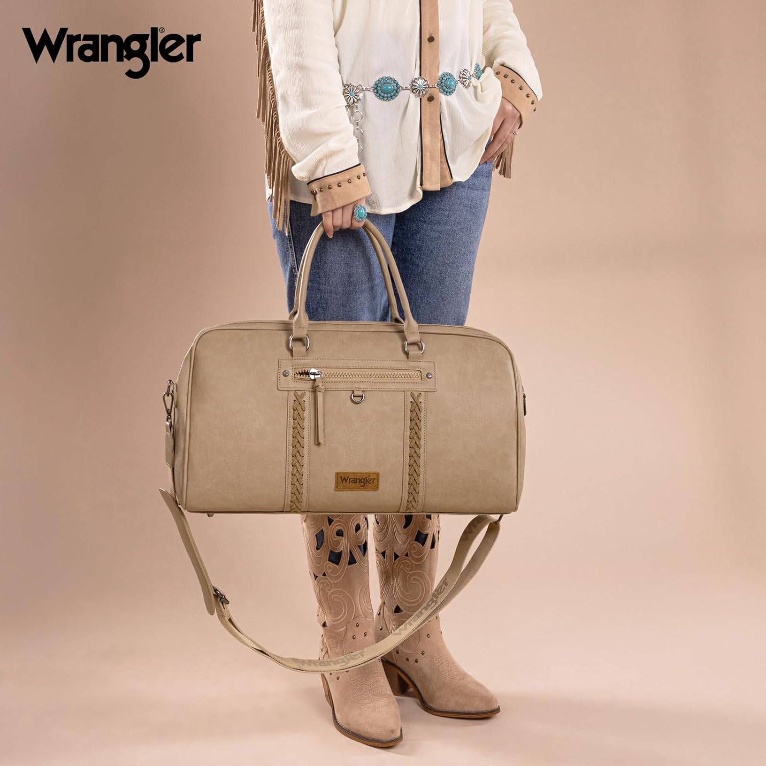 Wrangler Travel Duffel Bag Large Weekender Bag for Women Designer Carry on Overnight Bag for Trips Leather Luggage Bag Khaki - Roamly