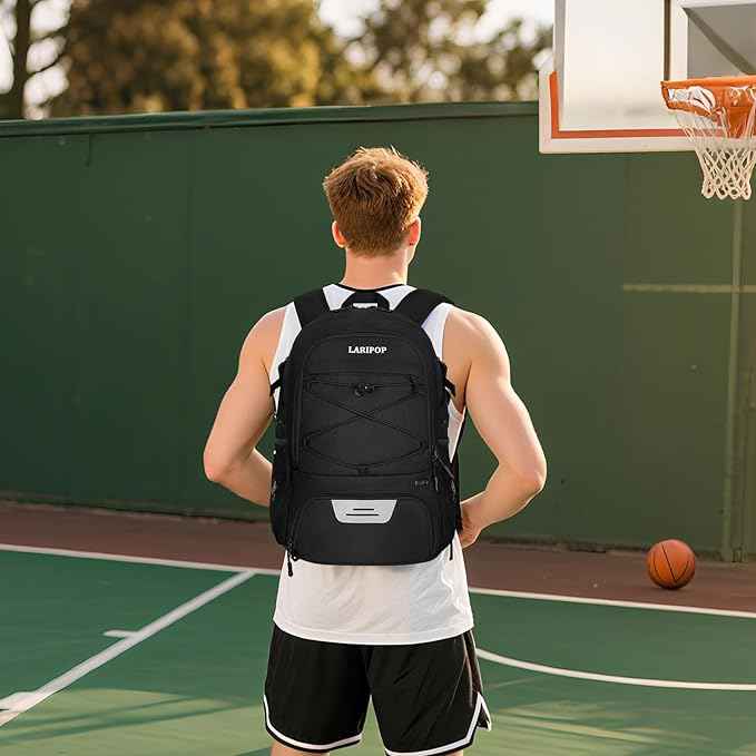 LARIPOP Basketball Bag, Sports Backpack with Ball Holder & Shoe Compartment, Water Resistant Gym Bag for Soccer Volleyball Travel