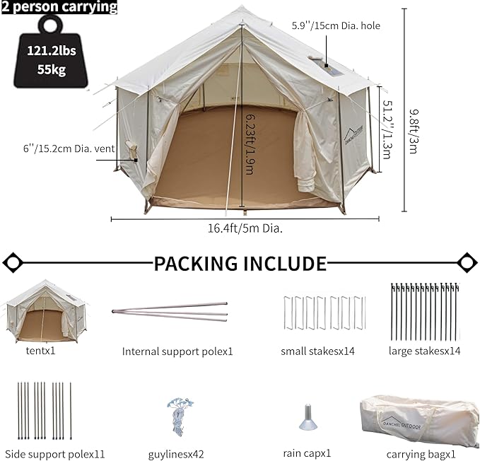 DANCHEL OUTDOOR B6 Luxury Glamping Wall Tent w/Stove Jack, No Center Pole, Higher Side Wall, 900D Flame Retardant Oxford for 4 Season 4-6 Person Family Yurt Cabin Glamping Camping,13ft/16.4ft