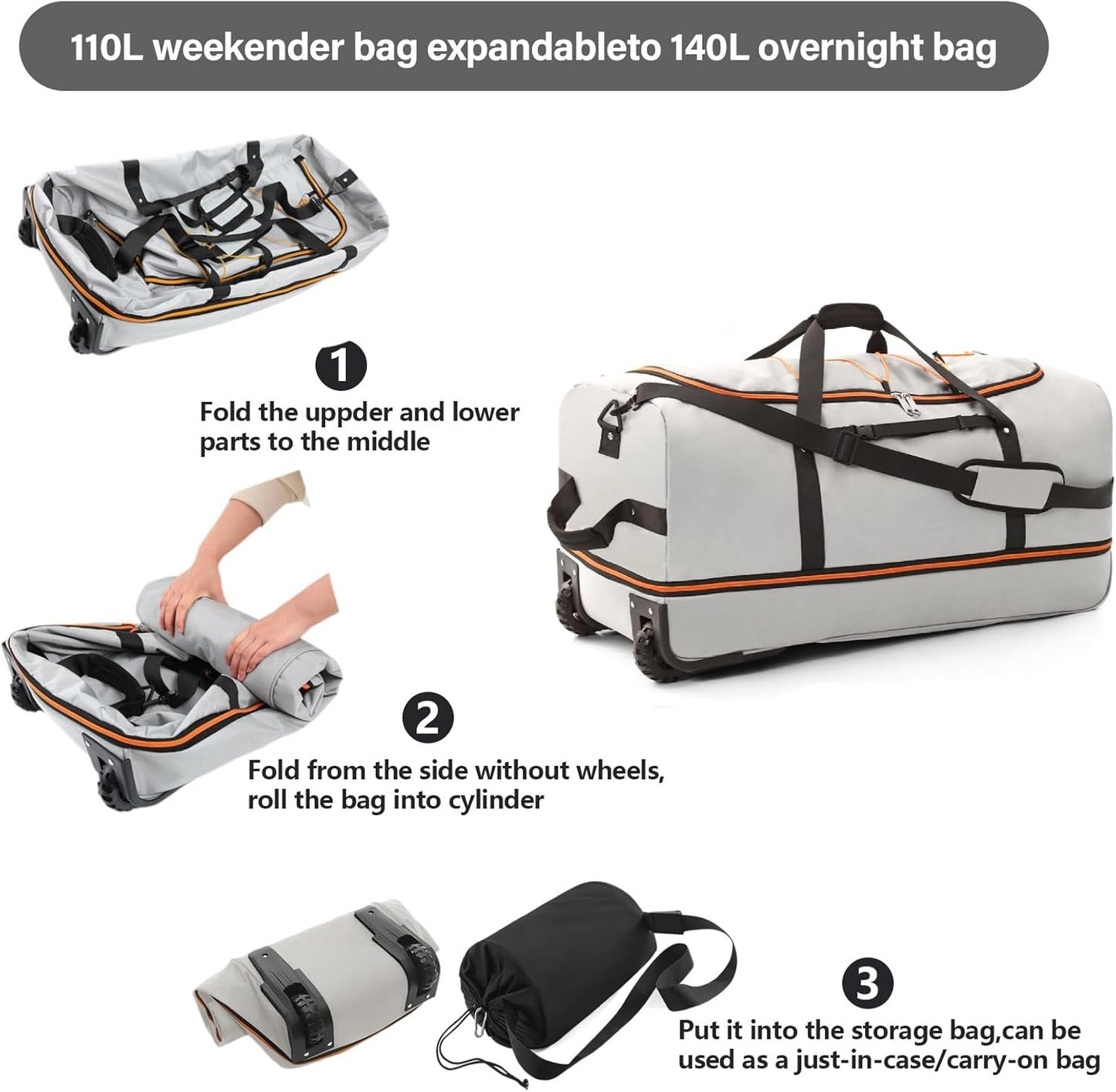 Vomgomfom 32" Soft-Sided Foldable Wheeled Travel Duffel Bag,Expandable 110L to 140L Rolling Cargo Bag with 2 Wheels and Multiple Pockets,Grey - Roamly