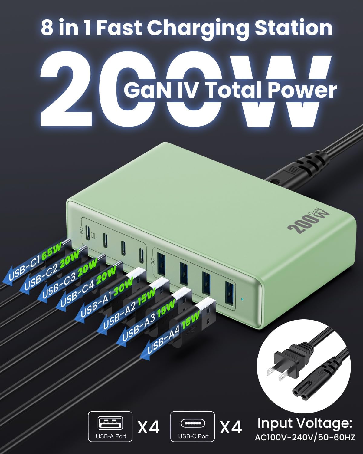 200W USB C Charger Block,GaN IV Charging Station 8 Ports,QC4.0 Fast Charging Station Hub+PD 65W USB C Laptop Charger Adapter Compatible with MacBook Air/Pro,DELL,iPhone 16/15,iPad,Steam Deck-Green - Roamly