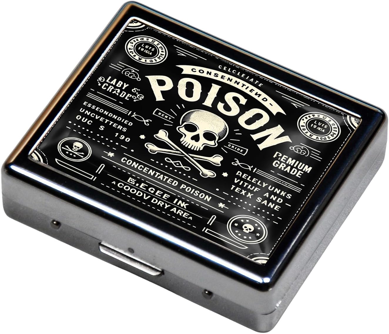 Cute and Portable Metal Pill Organizer – 8 Compartments, Elegant Chrome Finish, Ideal for Travel and Daily Use (Poison Label Retro)