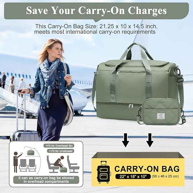 Extra Large Travel Duffle Bag,Carry on Overnight Bag with Shoes Compartment,Weekender Bags for Women for Travel Business Trips Sport Hospital,3 Pcs Set,Green