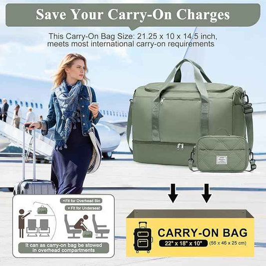 Extra Large Travel Duffle Bag,Carry on Overnight Bag with Shoes Compartment,Weekender Bags for Women for Travel Business Trips Sport Hospital,3 Pcs Set,Green
