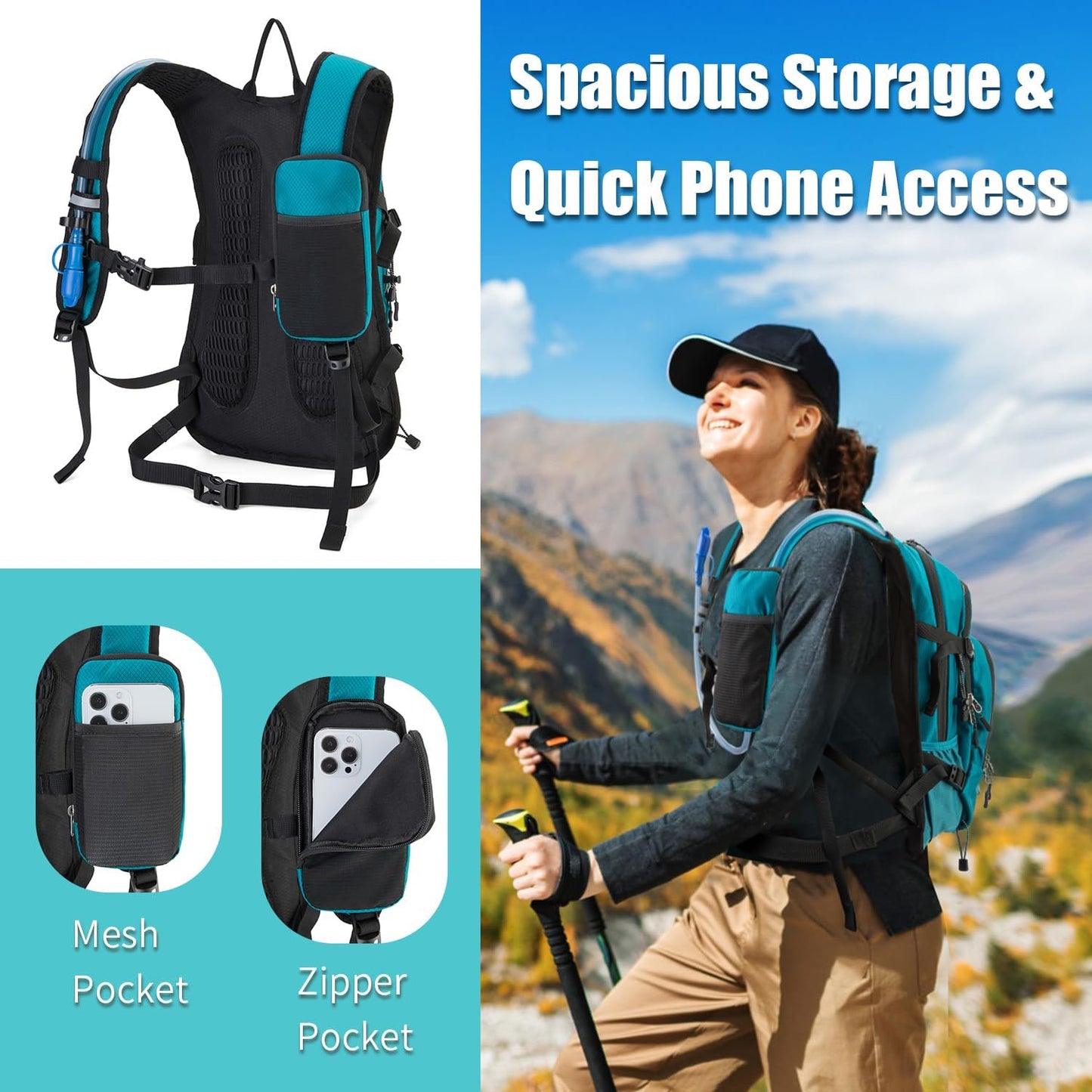 Hydration Backpack Pack with 2L Water Bladder 18L Hiking Backpack Women Men Lightweight Hydropack Insulated Daypack for Biking, Running, Festival - Roamly