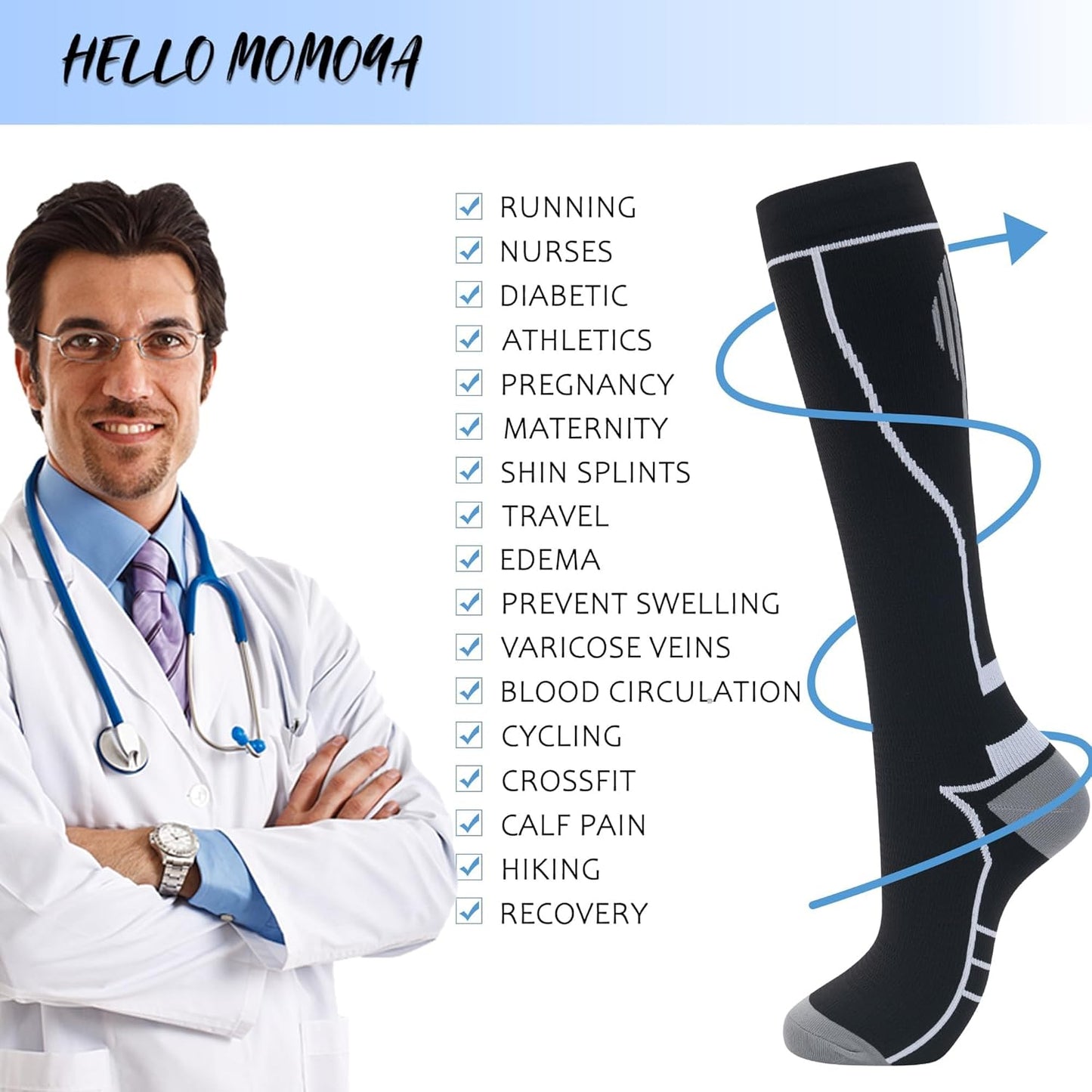 Compression Socks for Women Men Circulation Knee High 8 Pairs for Nurses, Running, Travel, Athletic