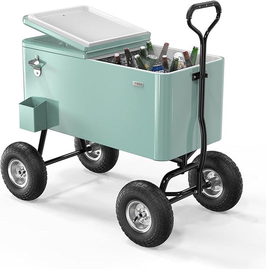 VINGLI 80 Quart Wagon Rolling Cooler Ice Chest, w/Long Handle and 10" Wheels, Portable Beach Patio Party Bar Cold Drink Beverage, Outdoor Park Cart on Wheels