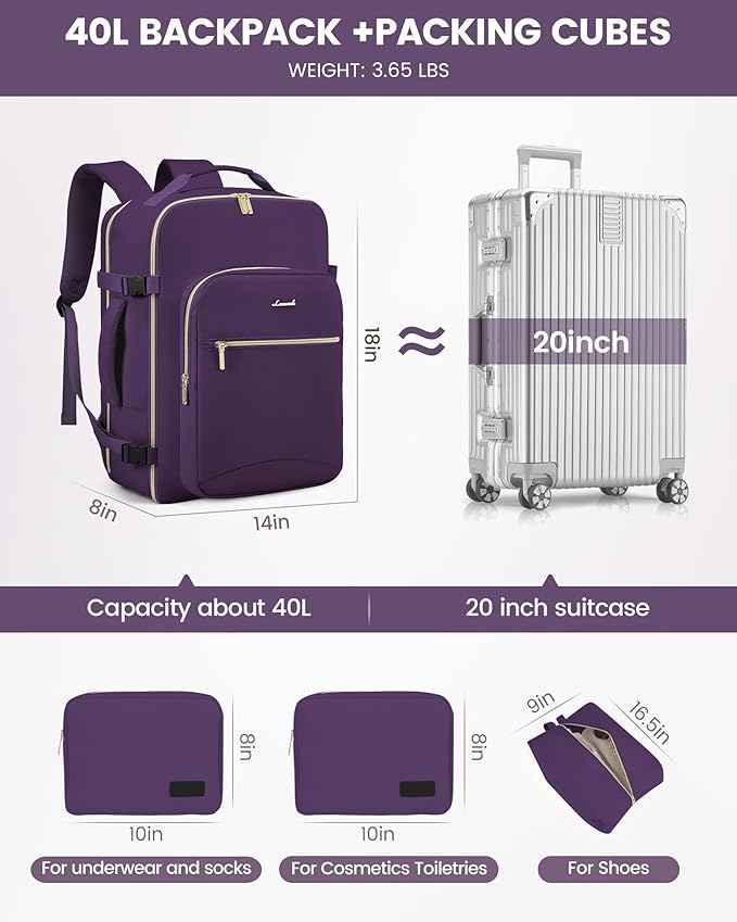 LOVEVOOK Travel Backpack for Women & Men 40L,Airline Approved Carry On Backpack Travel Essentials,TSA Carry on Luggage,Waterproof Personal Item Travel Bag,Suitcase with 3 Packing Cubes,Dark purple