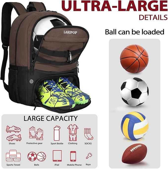 LARIPOP Soccer Backpack Soccer Bag with Ball Holder & Shoe Compartment Youth Sports Equipment Training Bag
