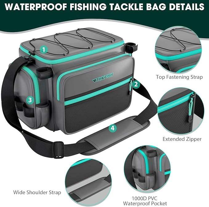 THKFISH Waterproof Fishing Tackle Bags, Saltwater Resistant Large Fishing Tackle Bag, 1000D PVC Waterproof Fishing Gear Storage Store 3600 3700 Trays
