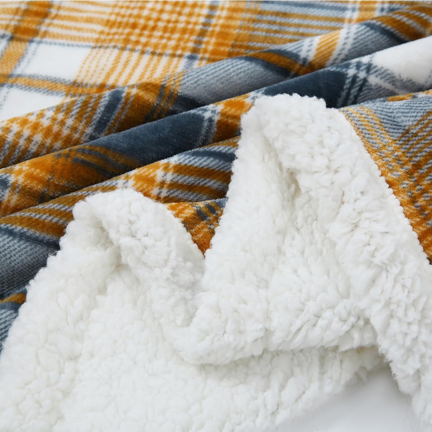 PU MEI Sherpa Blanket Queen Plaid Thick Bed Blanket, 80”*90” Super Soft Flannel Fuzzy Fleece Reversible Velvet Plush Warm Blanket for Couch (Blue Yellow Check)