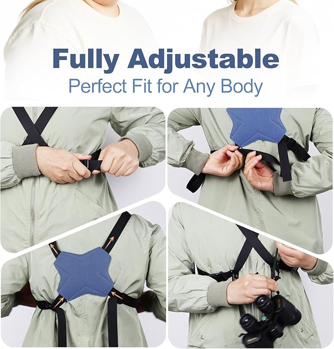 Binocular Harness Strap, Adjustable X-Shaped for Hunting, Hiking & Birding, Bino Harness Fits for Carrying Binocular, Cameras, and More