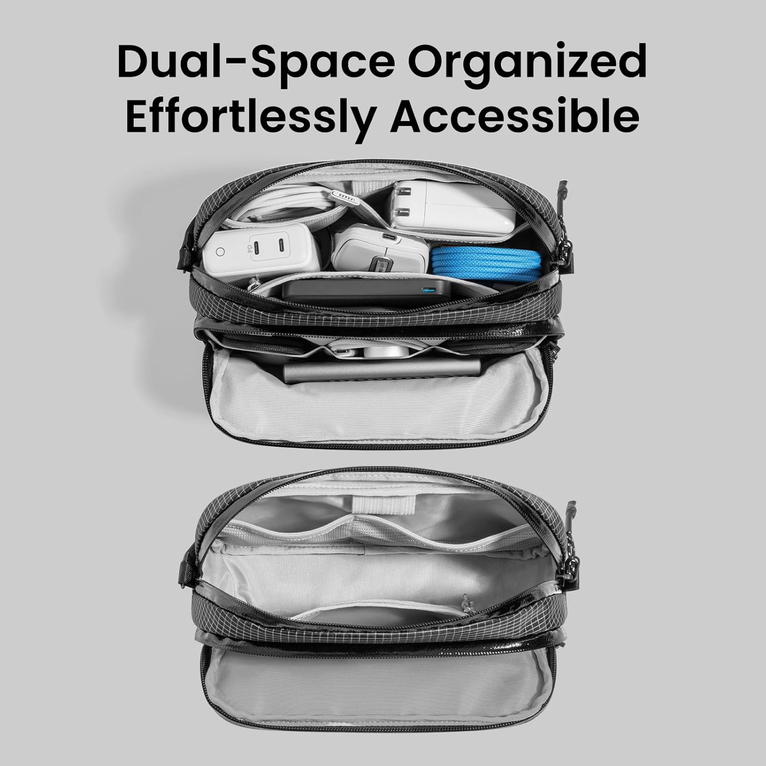 tomtoc Electronic Organizer Travel Case Performance, Water Resistant Dual Compartment Cable Organization Storage Bag for Charger, Cord, Phone, Hard Drive, Power Bank, Accessories Travel Essentials - Roamly