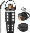 MUKOKO 32 oz Glass Tumbler with Straw,Glass Water Bottles with Time Marker,Iced Coffee Cup with 2 Lids-Handle Spout Lid&Straw Lid,Silicone Sleeve,Leakproof,1 Pack-Black