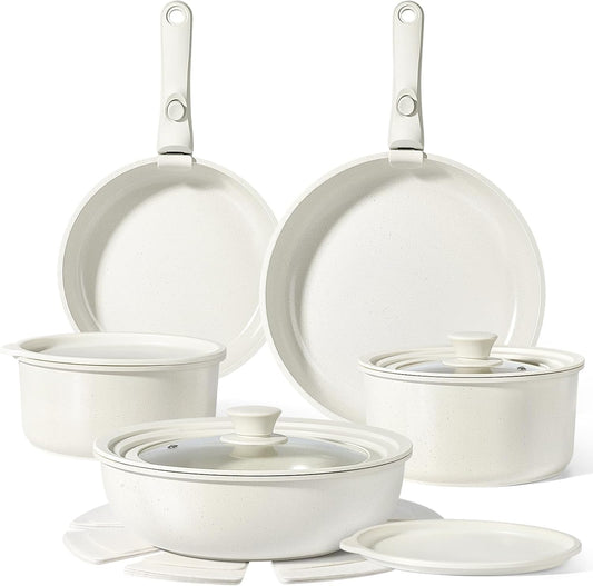 GiPP Ceramic Pots and Pans Set Non Stick, Nonstick Detachable Handle Cookware Sets, Healthy Non Toxic PFAS PFOA & PTFE Free, Dishwasher ＆Oven Safe, Induction Kitchen Pot and Pan, 15 Piece Cream