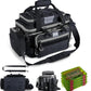 Goture Fishing Tackle Bag with 4pcs 3600 Tackle Boxes, 600D Water-Resistant Soft Side Saltwater Gear Storage Fishing Bag with Rod Straps, Detachable Water Bottle Pouch, Waterproof Bottom, SBS Zippers