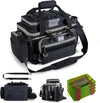 Goture Fishing Tackle Bag with 4pcs 3600 Tackle Boxes, 600D Water-Resistant Soft Side Saltwater Gear Storage Fishing Bag with Rod Straps, Detachable Water Bottle Pouch, Waterproof Bottom, SBS Zippers
