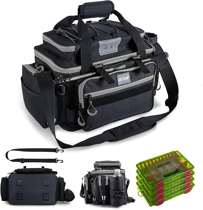 Goture Fishing Tackle Bag with 4pcs 3600 Tackle Boxes, 600D Water-Resistant Soft Side Saltwater Gear Storage Fishing Bag with Rod Straps, Detachable Water Bottle Pouch, Waterproof Bottom, SBS Zippers