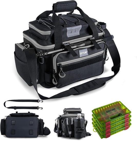 Goture Fishing Tackle Bag with 4pcs 3600 Tackle Boxes, 600D Water-Resistant Soft Side Saltwater Gear Storage Fishing Bag with Rod Straps, Detachable Water Bottle Pouch, Waterproof Bottom, SBS Zippers