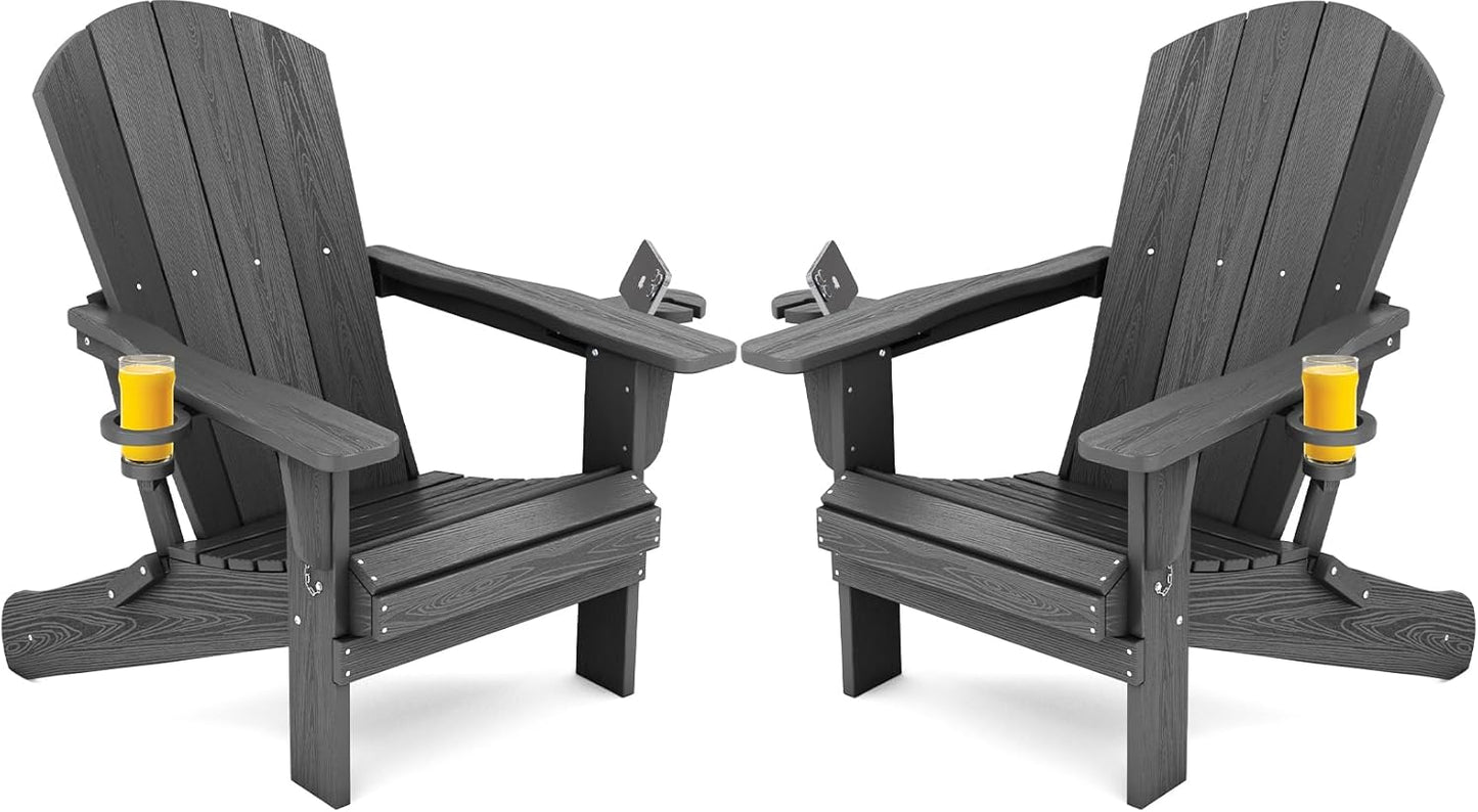 SERWALL Foldable Adirondack Chair Set of 2, HDPE Adirondack Chair with Wood-Texture-Gray