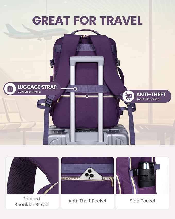 LOVEVOOK Travel Backpack for Women & Men 40L,Airline Approved Carry On Backpack Travel Essentials,TSA Carry on Luggage,Waterproof Personal Item Travel Bag,Suitcase with 3 Packing Cubes,Dark purple