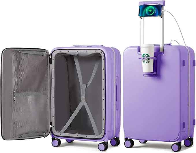 mixi Large Checked Luggage with Cup Phone Holder and Charger Hard Shell Suitcases with Spinner Wheels, 24 Inch Lilac Purple