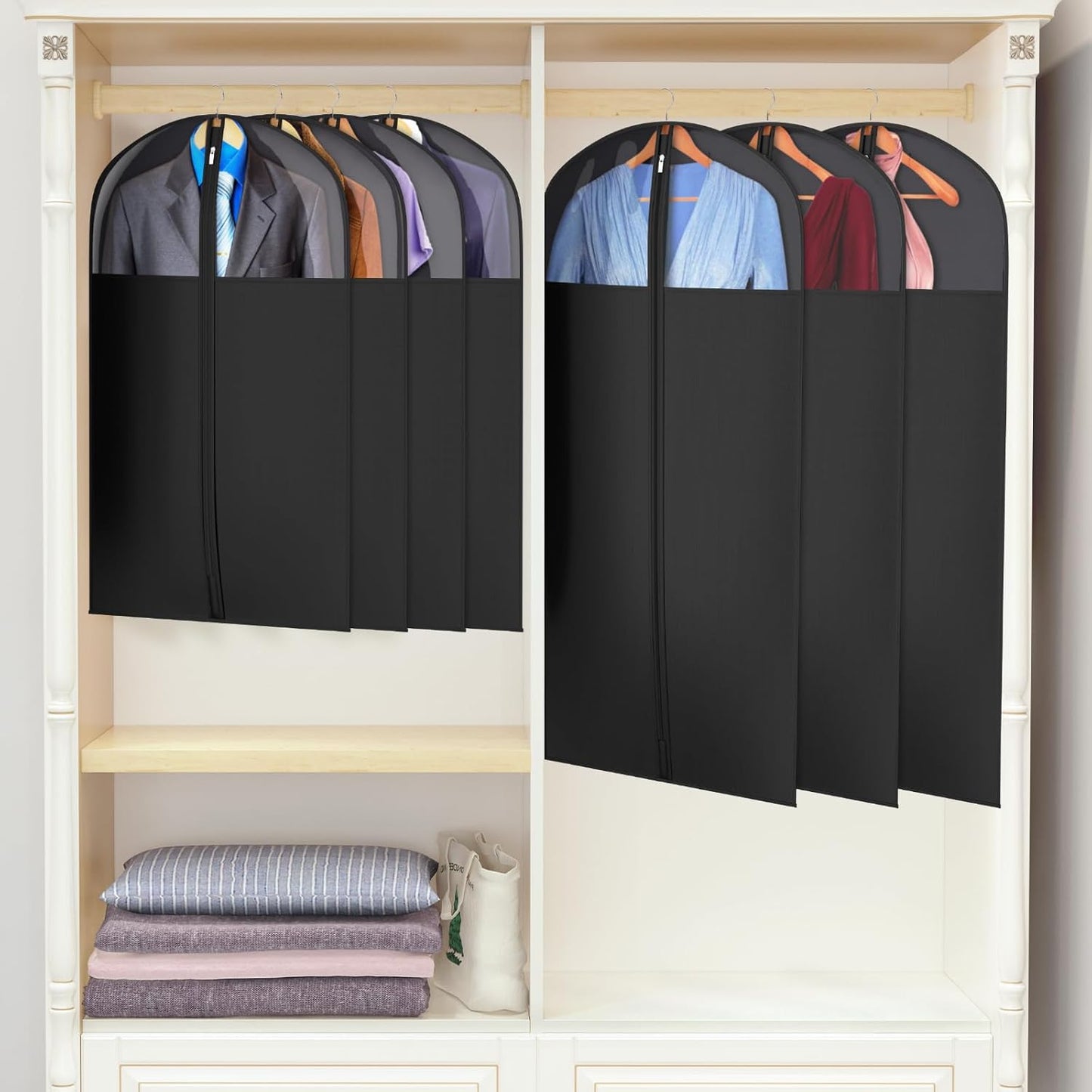 Univivi Garment Bag Suit Bag for Hanging Clothes, 40" Lightweight Full Zipper Washable Suit Cover with Large Visible Window for Suit Coat, Jacket, Sweaters (Set of 6), Black