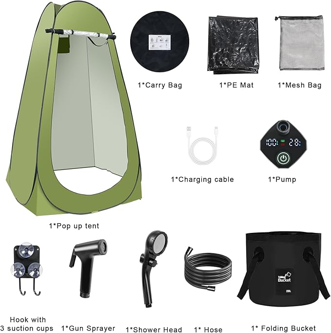 Pop Up Shower Tent for Camping, Portable Outdoor Privacy Shower Tent with 6000mAh Rechargeable Shower