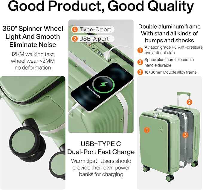 mixi Carry On Luggage with Cup Phone Holder and Charger Hard Shell Suitcases with Spinner Wheels, 20 Inch Avocado Green