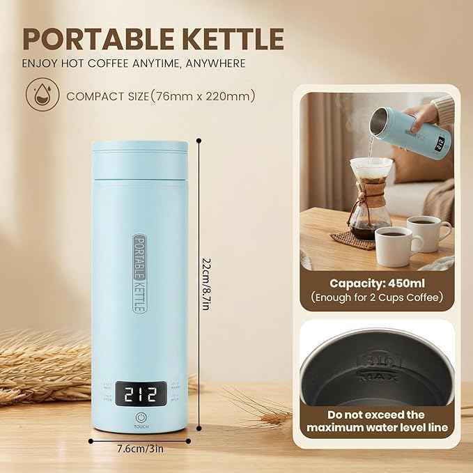 Portable Electric Kettle for Travel, Small Hot Water Kettle with NTC Temperature Control and Auto Shut-Off, 316 Stainless Steel, Blue 120V & 15oz