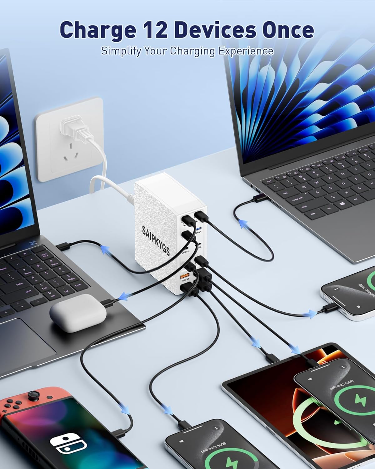 USB Charging Station (600W),12-Port USB C Charger Block with Dual 100W PD USB-C Fast Charging Station Hub for MacBook Pro/Air/All iPad Phone 17/16 15/14/13/Pro Max/Samsung Galaxy Note(White) - Roamly