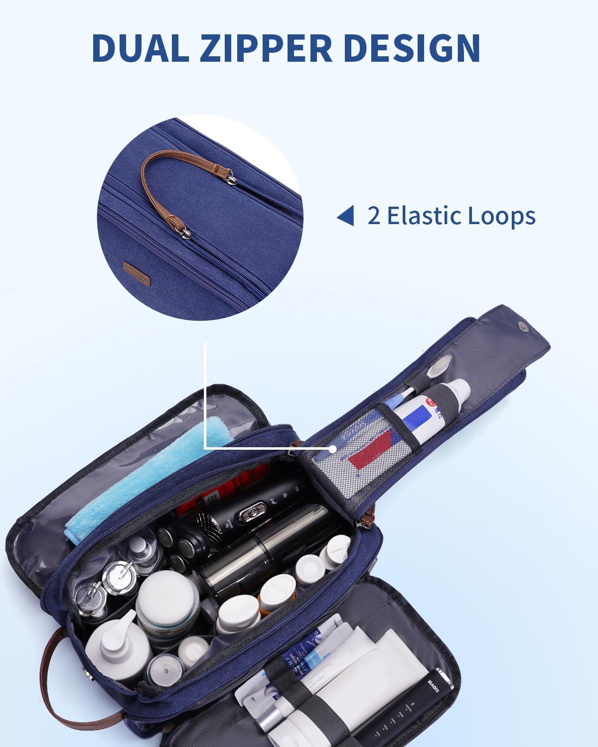 WANDF Toiletry Bag for Men Travel Toiletry Organizer Canvas and Leather Dopp Kit Water-Resistant Shaving Bag for Travel Accessories (Blue, Large) - Roamly