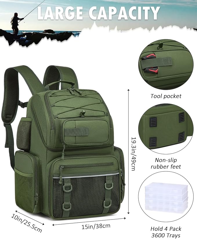 HAMBOLY Fishing Backpack with Tackle Boxes, 50L Fishing Tackle Bag with Cooler & Rod Holders, Waterproof Tackle Bag for Men