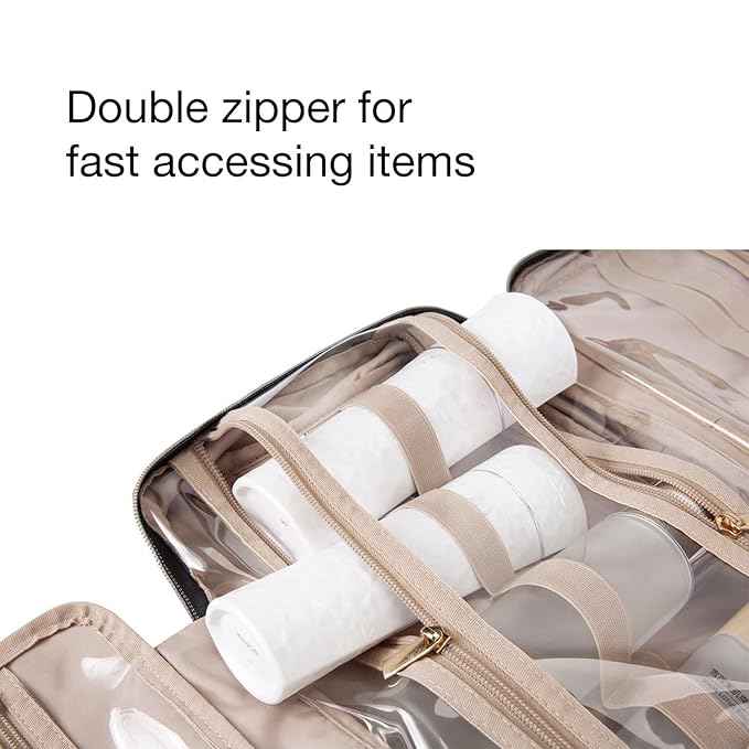 BAGSMART Toiletry Bag Travel Bag with Hanging Hook, Water-resistant Makeup Cosmetic Bag Travel Organizer for Accessories, Shampoo, Full-size Container, Toiletries (Beige Ditsy Floral, Large)